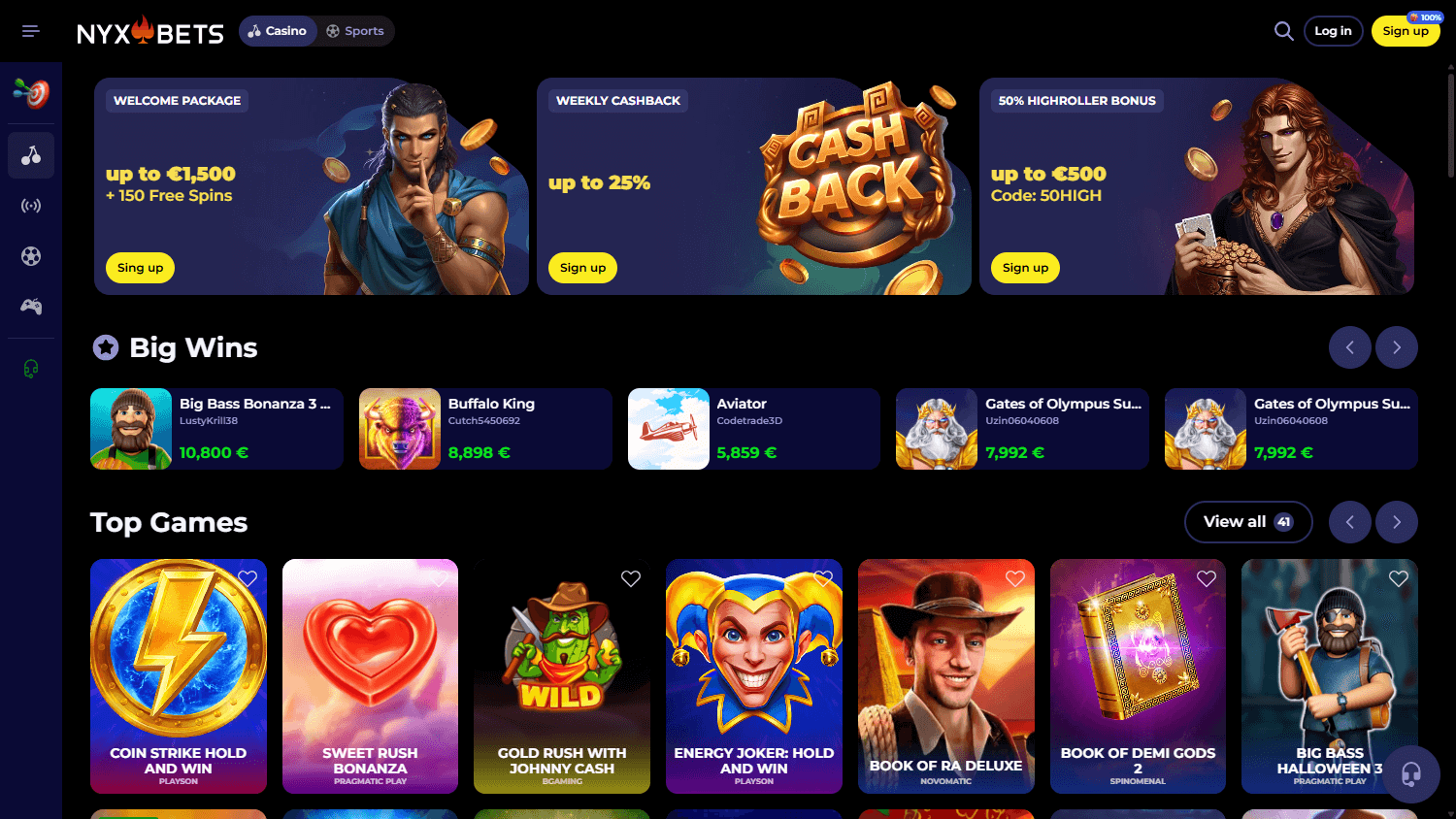 NyxBets casino lobby met 2500+ spellen